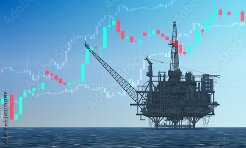 Prices are rising. Offshore oil drilling rig, platform on oil price chart. Stock indices growth. High price barrel. Silhouette on blue seascape background. Carbon energy. Vector illustration