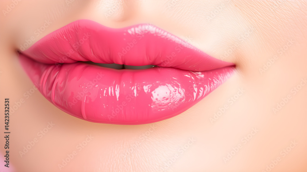 Obraz premium Photo of Fresh lip gloss smear of bright pink color close up. Background texture for backdrops or mapping Generative AI
