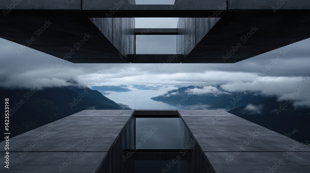 Obraz premium Elevated concrete structure overlooking a serene mountain lake. Vast, dramatic vista of nature framed by modern architecture