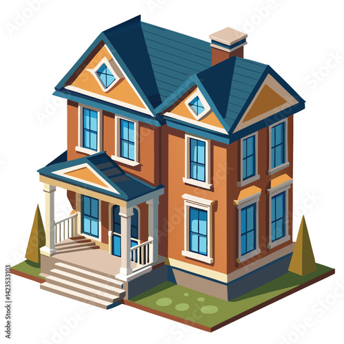 Isometric View of a Two Story Brick House with Porch