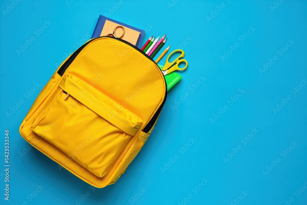Naklejka premium Vibrant Yellow Backpack Filled with School Supplies for a Fresh Start