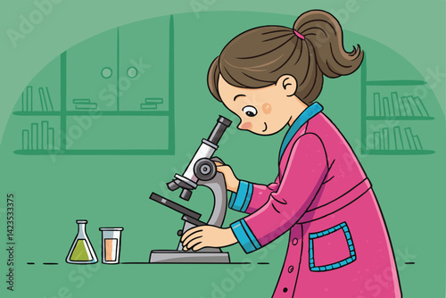 A young girl intently observes a specimen through a microscope, engrossed in a scientific experiment.  She's wearing lab attire, showcasing scientific curiosity.
