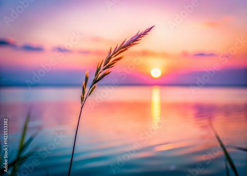 Serene Sunset: Close-Up of Grass Stem Over Calm Sea, Pastel Pink and Purple Hues