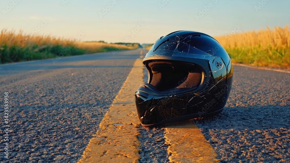 A helmet left alone in the middle of a country highway, highlighting road safety and personal protective gear.