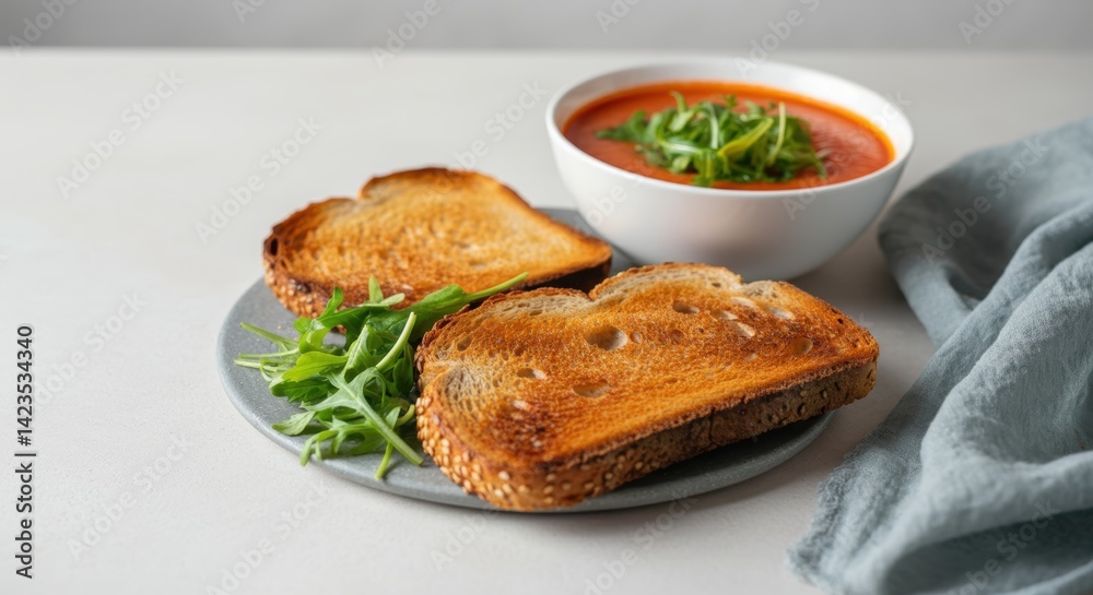 Toasted bread with fresh greens and tomato soup on gray plate Toasted bread with fresh greens and tomato soup on gray plate