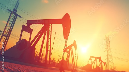 Oil Pumpjacks Operating at Sunset Energy Production in the Oilfield