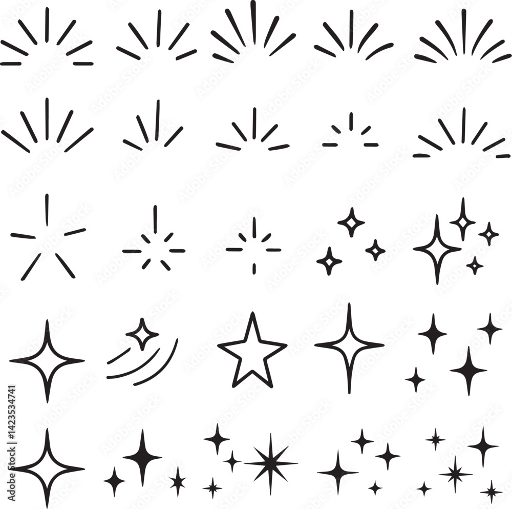 Doodle line sparkle, burst lines, and sparkle star icon vector illustration. Perfect for design, decoration, and creative projects with various shapes Doodle line sparkle, burst lines, and sparkle star icon vector illustration. Perfect for design, decoration, and creative projects with various shapes