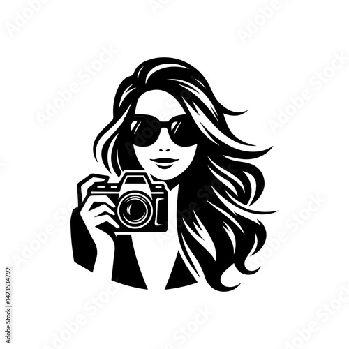 Vector logo with silhouette woman holding camera, symbol of feminine creativity in photography 