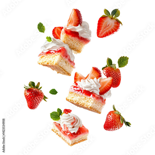 Fresh strawberry shortcake squares with whipped cream and juicy strawberries isolated on transparent background