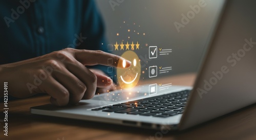 Customer feedback interface with five stars and a smiling face o