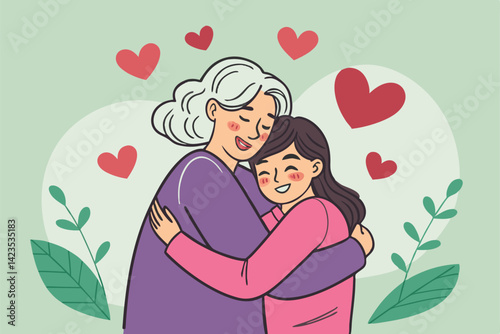 A heartwarming image of a grandmother and her daughter embracing, surrounded by floating hearts, conveying intergenerational love and family bond.