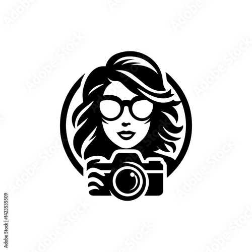 Silhouette woman holding a camera logo design in vector style, minimal and creative photography symbol 