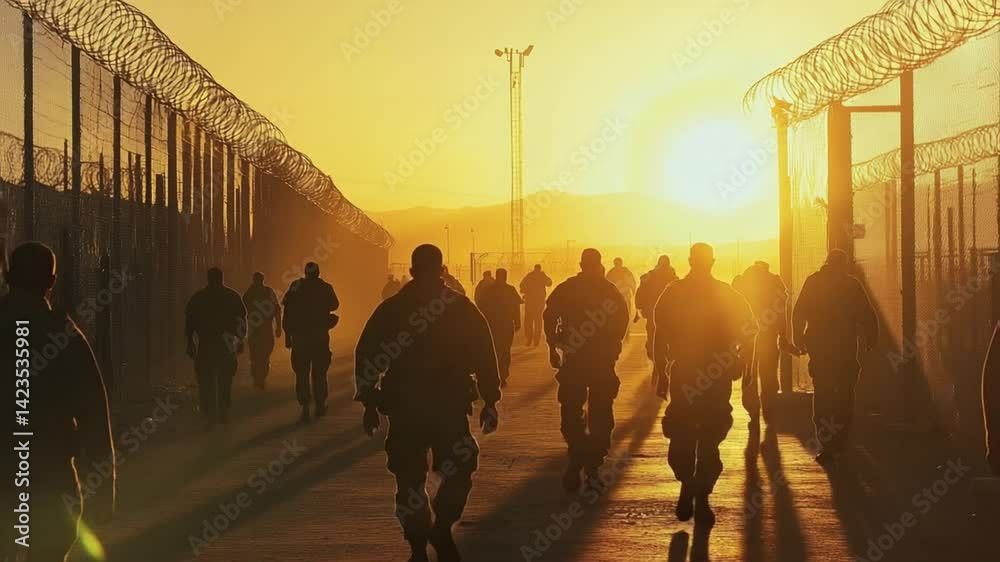 Group of Soldiers Marching Towards the Golden Sunrise Behind Barbed Wire Fence