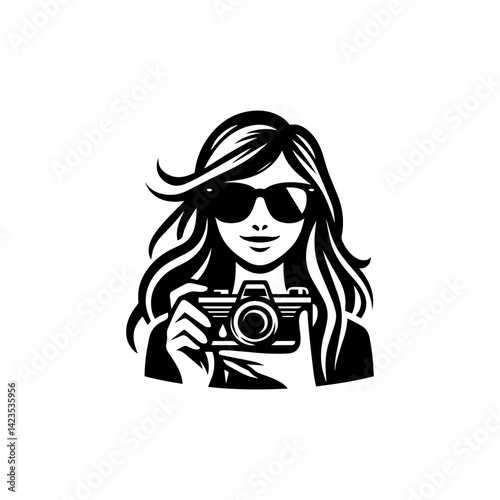 Silhouette woman holding a camera logo design in vector style, minimal and creative photography symbol 