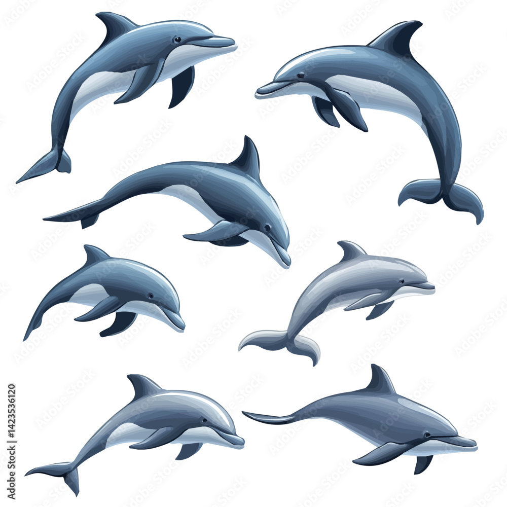 Fototapeta premium A Very Simple flat 2D icon of a Collection of dolphin elements isolated on a transparent background, vector, flat design, animation design, vector, simple flat 2D icon, minimalist, eps