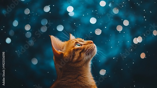 Ginger Cat Looking Up at Sparkling Bokeh Lights in the Dark