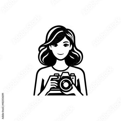 Elegant stylized silhouette of a woman gracefully holding a camera in a modern vector logo