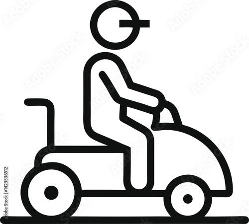 "Minimalist icon of a person riding a lawn mower, clean line style on transparent background."