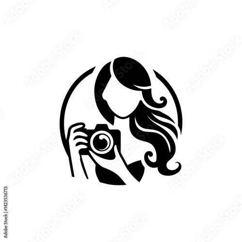 Abstract silhouette of a woman with a camera representing creativity and photographic enthusiasm in a vector logo