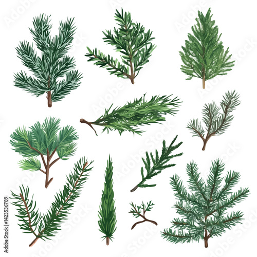 A Very Simple flat 2D icon of a Collection of evergreen tree elements isolated on a transparent background, vector, flat design, simple flat 2D icon, eps