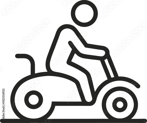 "Minimalist icon of a person riding a lawn mower, clean line style on transparent background."
