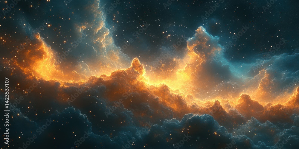 Fototapeta premium Swirling clouds of orange and blue light up the night sky in a cosmic display of color and wonder