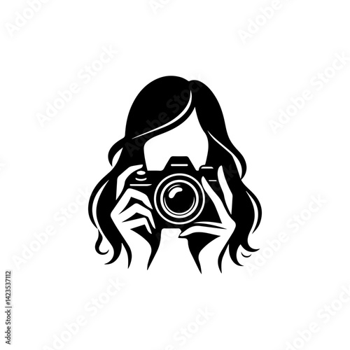 Abstract silhouette of a woman with a camera representing creativity and photographic enthusiasm in a vector logo