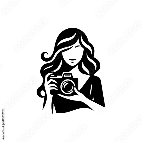 Modern vector logo featuring a sleek woman silhouette holding a camera symbolizing photographic vision and artistry