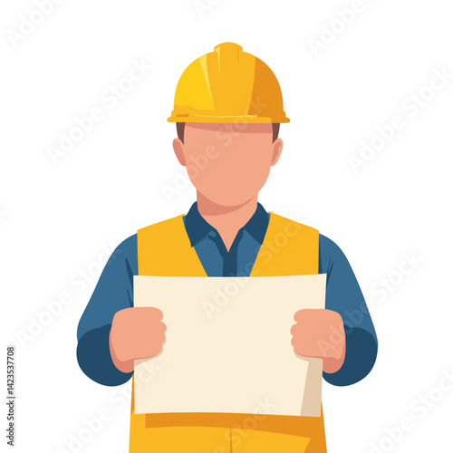 Construction Worker Holding Blank Sign with White Background for Job Announcements, Industry Promotions, Safety Awareness, and Professional Communication