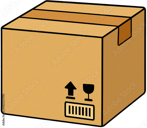 Carton delivery box with barcode and fragile symbol
