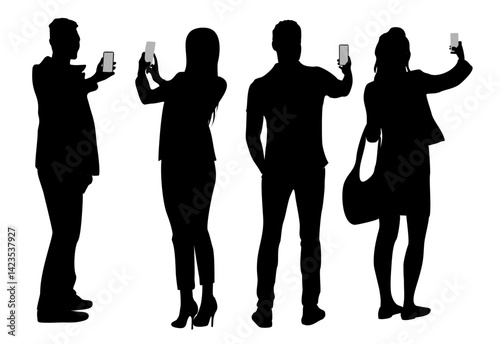 Flat vector illustration of black silhouettes set of people, men and women, standing back view with phones, taking pictures. Isolated on transparent background, minimal modern design