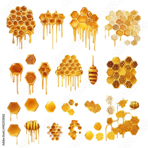 A Very Simple flat 2D icon of a Collection of honeycomb elements isolated on a transparent background, vector, flat design, simple flat 2D icon, eps