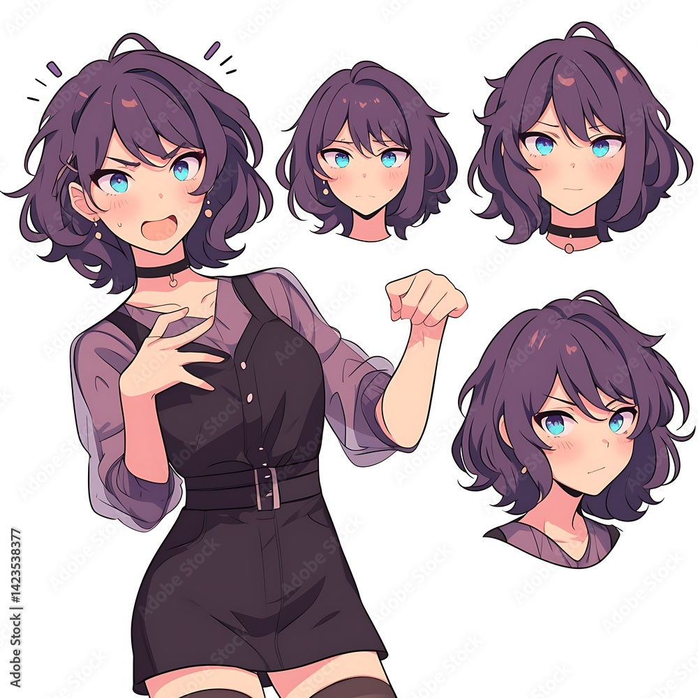 Pixelated Portrait Of A Young Woman With Varying Facial Expressions And Dark Outfit