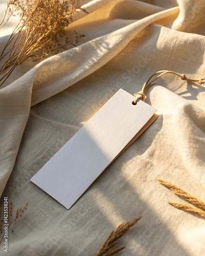 Blank Bookmark Mockup on Linen Fabric with Warm Sunlight for Elegant Product Branding and Stationery Presentation.