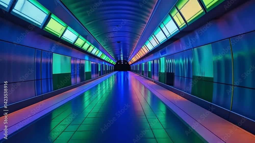 Explore vibrant corridors illuminated by neon colors in an underground passageway at night Generative AI
