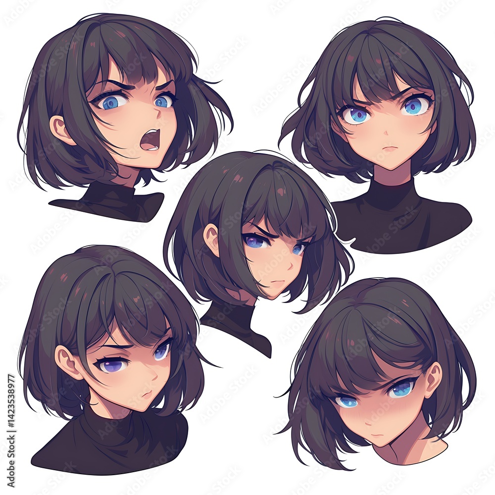 Pixelated Portrait Set Of Young Woman With Various Facial Expressions