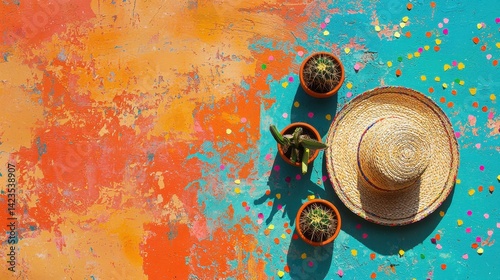 Bright Mexican party setup with a woven sombrero, tiny cacti in clay pots, and confetti on a bold, colorful backdrop.