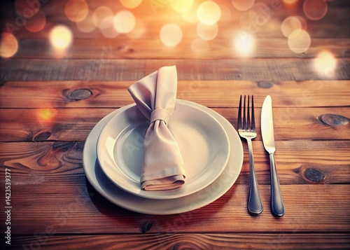 Rustic Wooden Table Place Setting with Knife, Fork, Napkin & White Plate - Bokeh Background