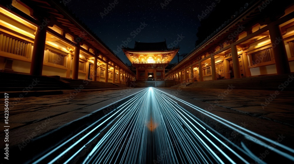 Set in a tranquil atmosphere, this image captures the elegant design of a temple courtyard, warmly illuminated with soft lights emphasizing architectural beauty and serene spirituality. Set in a tranquil atmosphere, this image captures the elegant design of a temple courtyard, warmly illuminated with soft lights emphasizing architectural beauty and serene spirituality.