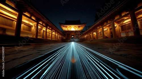Set in a tranquil atmosphere, this image captures the elegant design of a temple courtyard, warmly illuminated with soft lights emphasizing architectural beauty and serene spirituality.