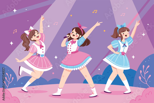 Five kawaii anime idols, vibrant outfits, synchronized dance routine on a colorful stage, bright lights, energetic performance.