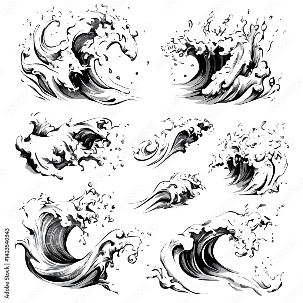 A simple flat 2D icon Collection of ocean wave isolated on a white background, vector, flat design, animation design, simple flat 2D icon, minimalist design, vector design A simple flat 2D icon Collection of ocean wave isolated on a white background, vector, flat design, animation design, simple flat 2D icon, minimalist design, vector design