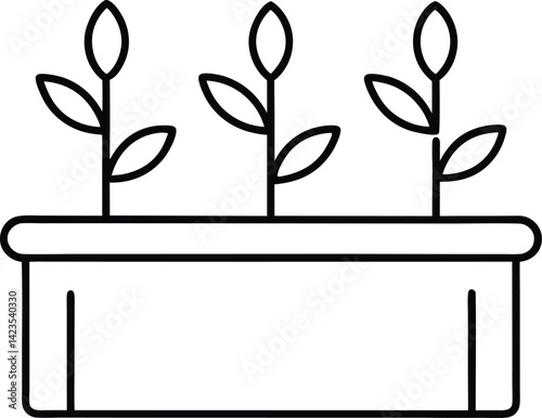 "Outline icon of a rectangular window planter box with three small plants, clean line art on transparent background."
