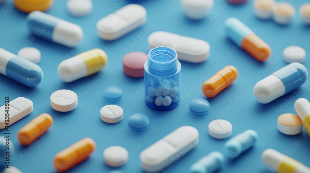 Close Up Photograph of Multiple Diverse Pills and Tablets on a Calm Blue Gradient Backdrop for Medical Relief Close Up Photograph of Multiple Diverse Pills and Tablets on a Calm Blue Gradient Backdrop for Medical Relief