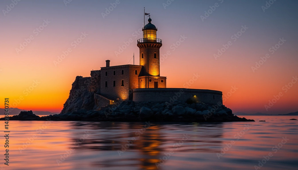 Illuminated Lighthouse on Rocky Island at Sunset Reflecting in Water Illuminated Lighthouse on Rocky Island at Sunset Reflecting in Water