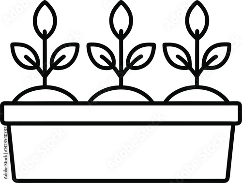 "Outline icon of a rectangular window planter box with three small plants, clean line art on transparent background."
