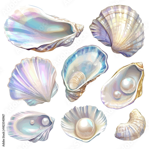 A Very Simple flat 2D icon of a Collection of pearl oyster elements isolated on a transparent background, vector, flat design, animation design, vector, simple flat 2D icon, minimalist, eps