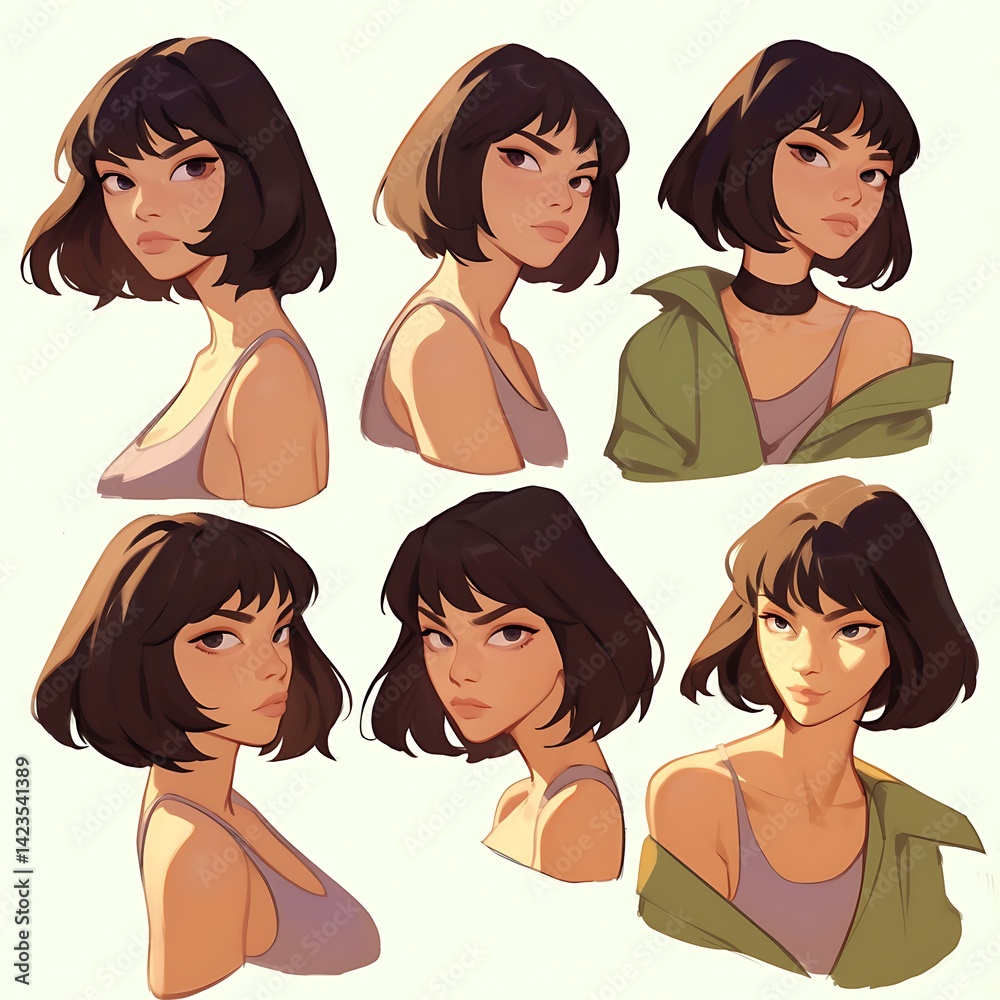 Portrait Collection Of A Young Woman With Brown Hair Showing Different Expressions Against White
