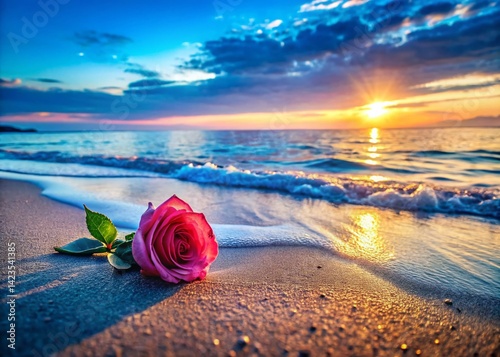 Romantic Blue Sea Panoramic, Glittering Beach, Pink Rose Sunset