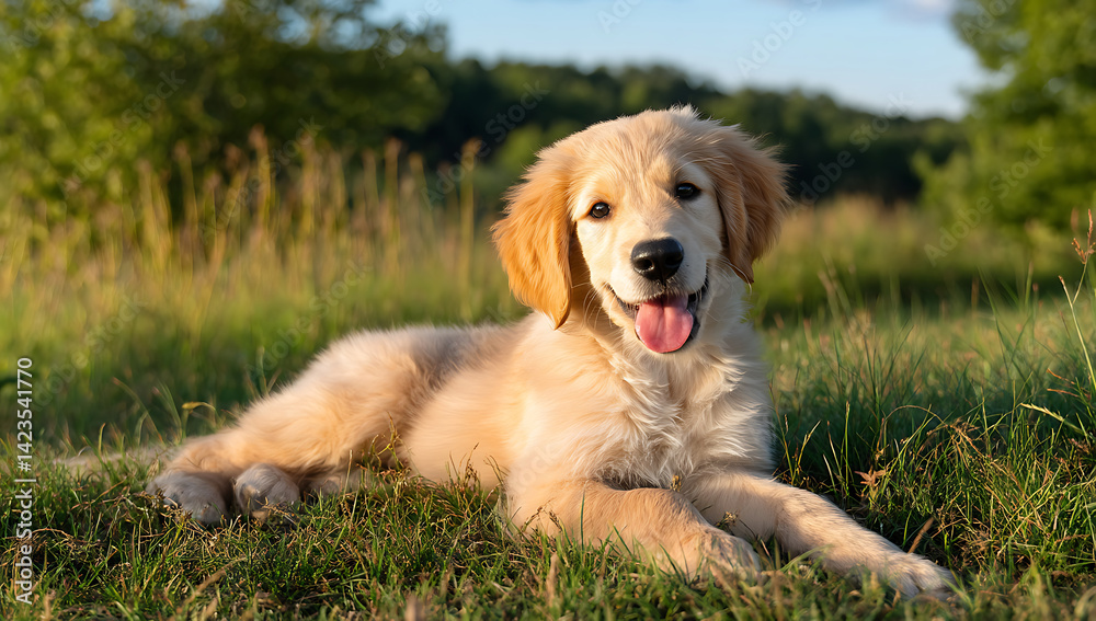 Golden Retriever Puppy Relaxing in the Sunlit Field Golden Retriever Puppy Relaxing in the Sunlit Field